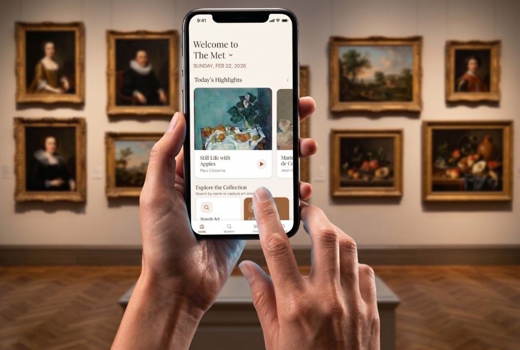 Hands holding the ArtSense mobile app in a museum gallery, showing today's highlights