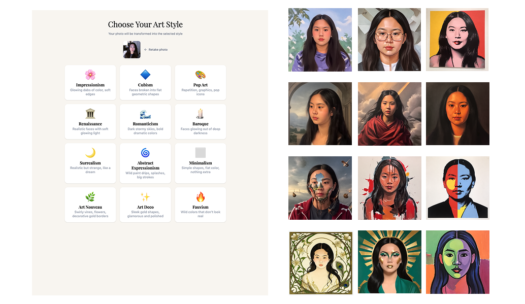 Twelve art-style portraits generated from a visitor's photo at the kiosk