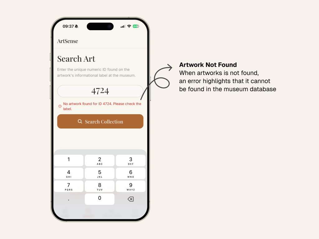 ArtSense app showing artwork not found error when an invalid ID is entered