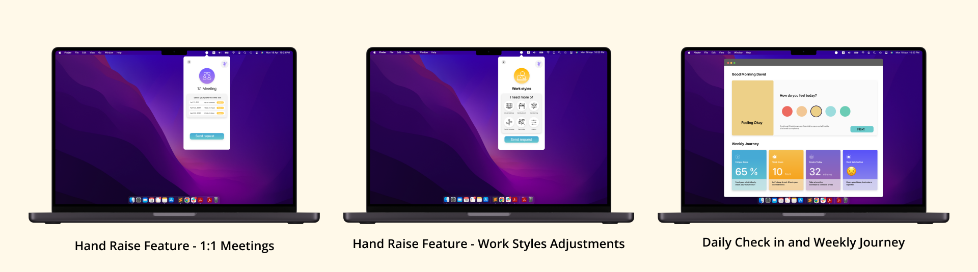 NOON desktop dashboard showing mood tracking, hand raise, and weekly journey features